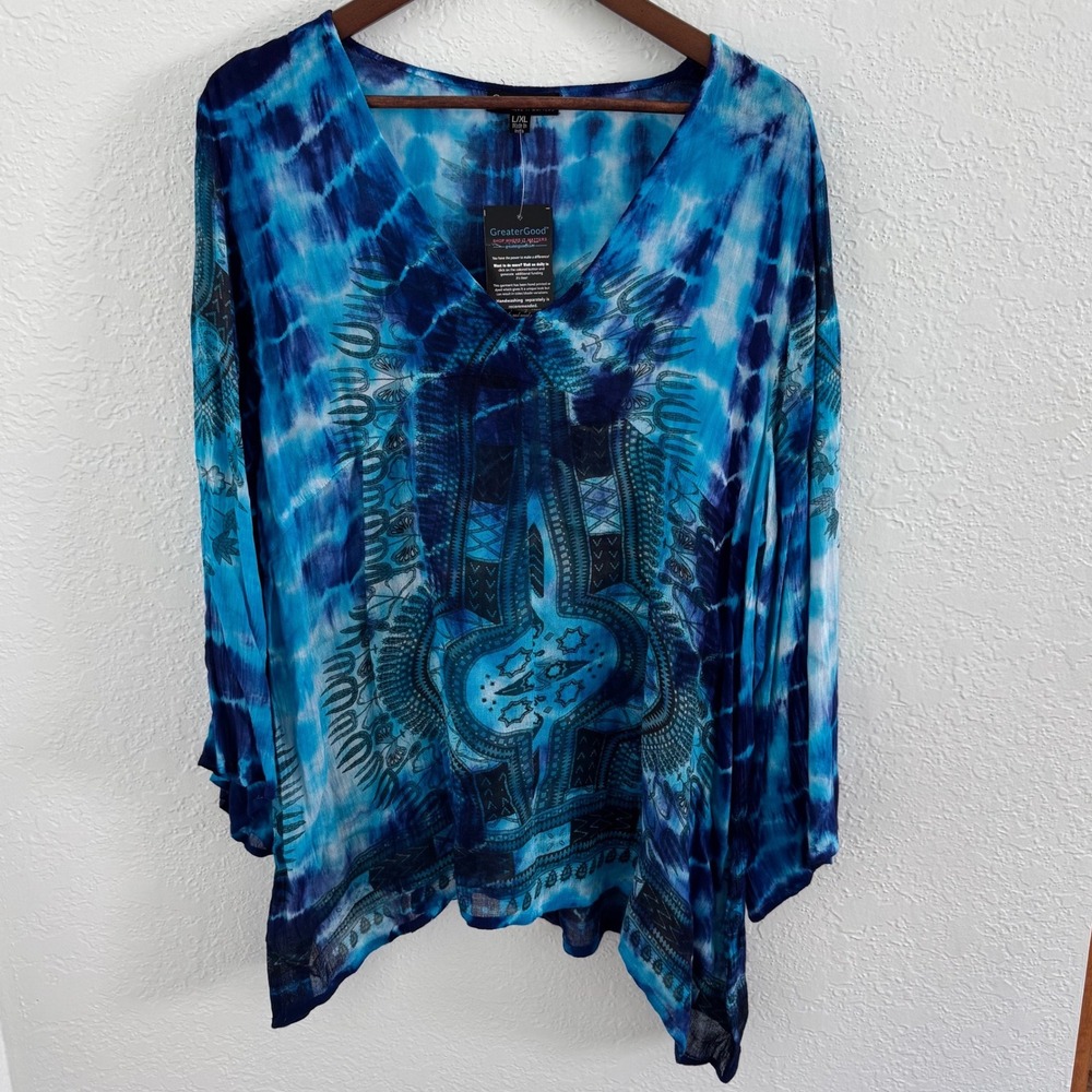 Greater Good Tunic Women's L/XL Blue Tie-dye Bohemian Gauzy Hippie Festival NEW